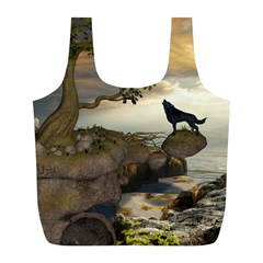 The Lonely Wolf On The Flying Rock Full Print Recycle Bags (l)  by FantasyWorld7