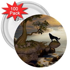 The Lonely Wolf On The Flying Rock 3  Buttons (100 Pack)  by FantasyWorld7