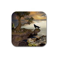 The Lonely Wolf On The Flying Rock Rubber Square Coaster (4 Pack)  by FantasyWorld7