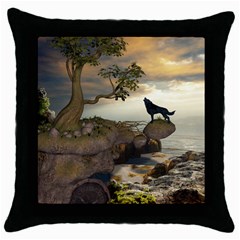 The Lonely Wolf On The Flying Rock Throw Pillow Case (black) by FantasyWorld7