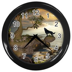 The Lonely Wolf On The Flying Rock Wall Clocks (black) by FantasyWorld7