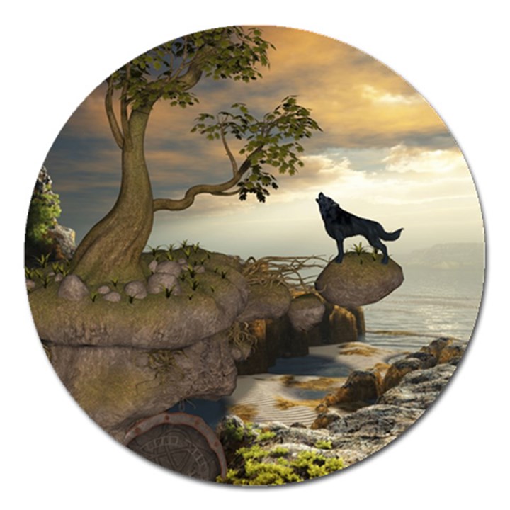 The Lonely Wolf On The Flying Rock Magnet 5  (Round)