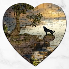 The Lonely Wolf On The Flying Rock Jigsaw Puzzle (heart) by FantasyWorld7