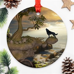 The Lonely Wolf On The Flying Rock Round Ornament (two Sides) by FantasyWorld7