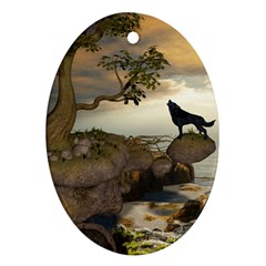 The Lonely Wolf On The Flying Rock Oval Ornament (two Sides) by FantasyWorld7