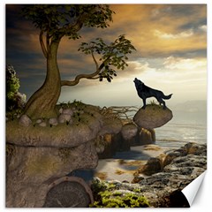 The Lonely Wolf On The Flying Rock Canvas 16  X 16   by FantasyWorld7