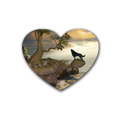 The Lonely Wolf On The Flying Rock Rubber Coaster (heart)  by FantasyWorld7