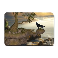 The Lonely Wolf On The Flying Rock Small Doormat  by FantasyWorld7