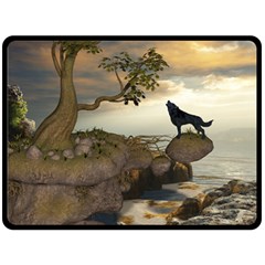 The Lonely Wolf On The Flying Rock Fleece Blanket (large)  by FantasyWorld7