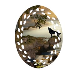 The Lonely Wolf On The Flying Rock Ornament (oval Filigree) by FantasyWorld7