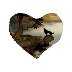 The Lonely Wolf On The Flying Rock Standard 16  Premium Heart Shape Cushions by FantasyWorld7