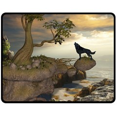 The Lonely Wolf On The Flying Rock Double Sided Fleece Blanket (medium)  by FantasyWorld7