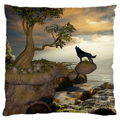 The Lonely Wolf On The Flying Rock Large Flano Cushion Case (one Side) by FantasyWorld7