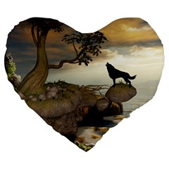 The Lonely Wolf On The Flying Rock Large 19  Premium Flano Heart Shape Cushions by FantasyWorld7