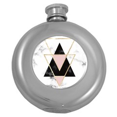 Triangles,gold,black,pink,marbles,collage,modern,trendy,cute,decorative, Round Hip Flask (5 Oz) by NouveauDesign