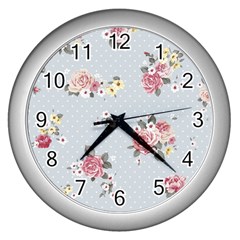 Floral Blue Wall Clocks (silver)  by NouveauDesign