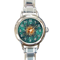 Beautiful Tangerine Orange And Teal Lotus Fractals Round Italian Charm Watch by jayaprime