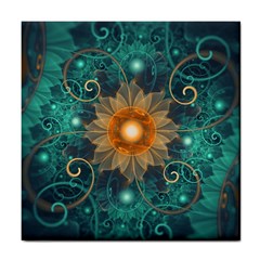 Beautiful Tangerine Orange And Teal Lotus Fractals Tile Coasters by jayaprime