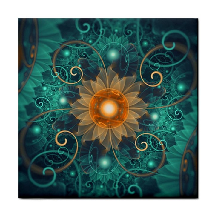 Beautiful Tangerine Orange and Teal Lotus Fractals Tile Coasters