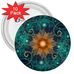 Beautiful Tangerine Orange And Teal Lotus Fractals 3  Buttons (10 Pack)  by jayaprime