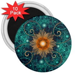 Beautiful Tangerine Orange And Teal Lotus Fractals 3  Magnets (10 Pack)  by jayaprime