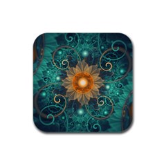 Beautiful Tangerine Orange And Teal Lotus Fractals Rubber Square Coaster (4 Pack)  by jayaprime