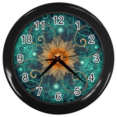 Beautiful Tangerine Orange And Teal Lotus Fractals Wall Clocks (black) by jayaprime