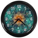 Beautiful Tangerine Orange and Teal Lotus Fractals Wall Clocks (Black) Front