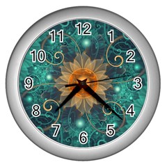 Beautiful Tangerine Orange And Teal Lotus Fractals Wall Clocks (silver)  by jayaprime