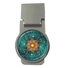 Beautiful Tangerine Orange And Teal Lotus Fractals Money Clips (round)  by jayaprime