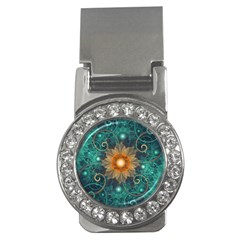 Beautiful Tangerine Orange And Teal Lotus Fractals Money Clips (cz)  by jayaprime