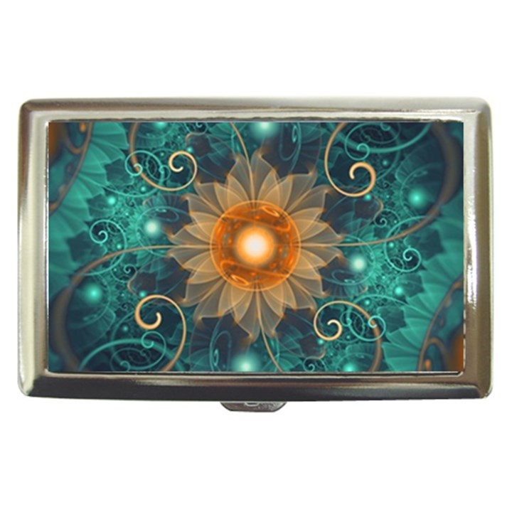 Beautiful Tangerine Orange and Teal Lotus Fractals Cigarette Money Cases