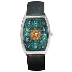 Beautiful Tangerine Orange And Teal Lotus Fractals Barrel Style Metal Watch by jayaprime