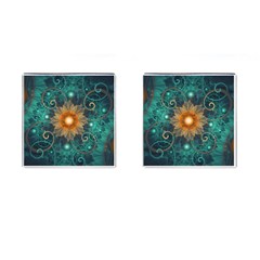 Beautiful Tangerine Orange And Teal Lotus Fractals Cufflinks (square) by jayaprime