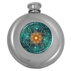 Beautiful Tangerine Orange And Teal Lotus Fractals Round Hip Flask (5 Oz) by jayaprime