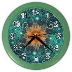 Beautiful Tangerine Orange And Teal Lotus Fractals Color Wall Clocks by jayaprime