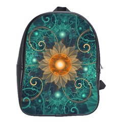 Beautiful Tangerine Orange And Teal Lotus Fractals School Bag (large) by jayaprime