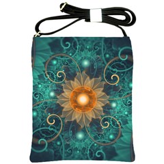 Beautiful Tangerine Orange And Teal Lotus Fractals Shoulder Sling Bags by jayaprime