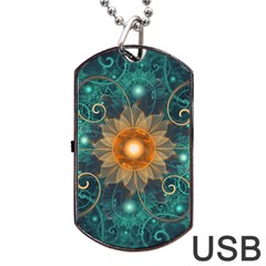 Beautiful Tangerine Orange And Teal Lotus Fractals Dog Tag Usb Flash (one Side) by jayaprime