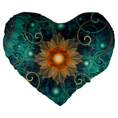 Beautiful Tangerine Orange And Teal Lotus Fractals Large 19  Premium Heart Shape Cushions by jayaprime