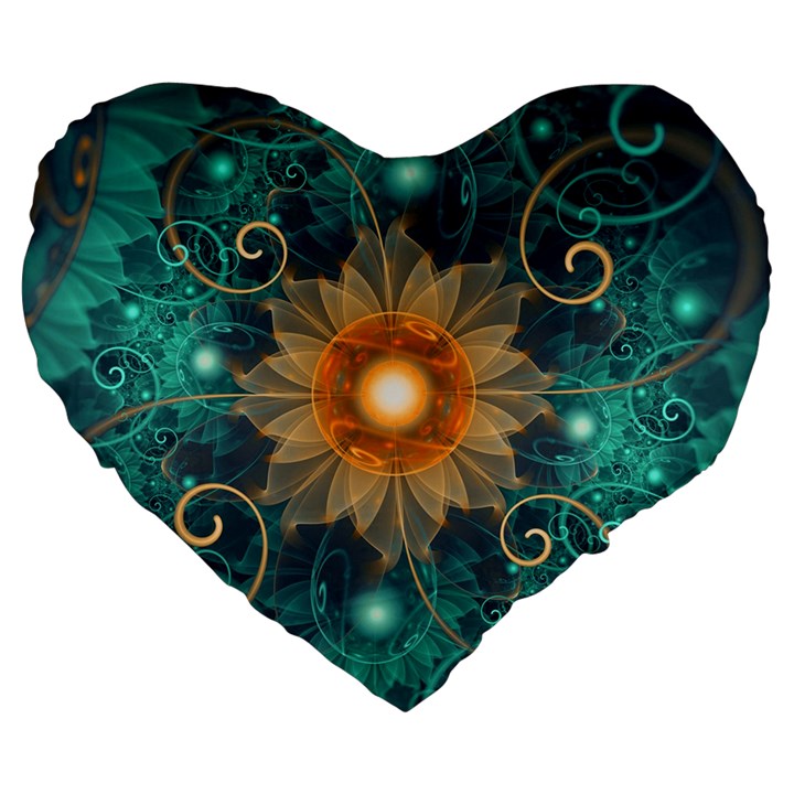 Beautiful Tangerine Orange and Teal Lotus Fractals Large 19  Premium Heart Shape Cushions