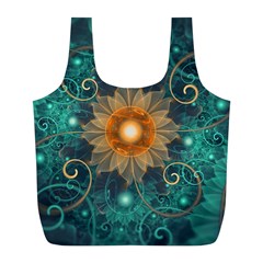 Beautiful Tangerine Orange And Teal Lotus Fractals Full Print Recycle Bags (l)  by jayaprime