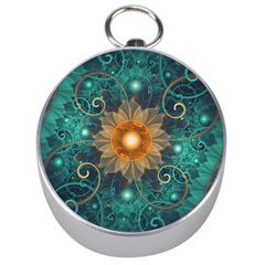 Beautiful Tangerine Orange And Teal Lotus Fractals Silver Compasses by jayaprime