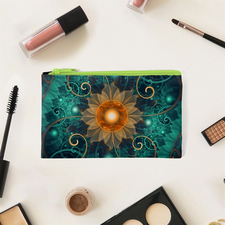 Beautiful Tangerine Orange and Teal Lotus Fractals Cosmetic Bag (XS)