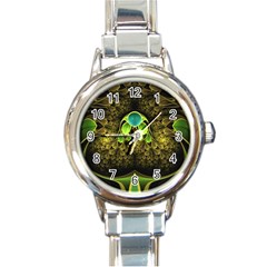 Beautiful Gold And Green Fractal Peacock Feathers Round Italian Charm Watch by jayaprime