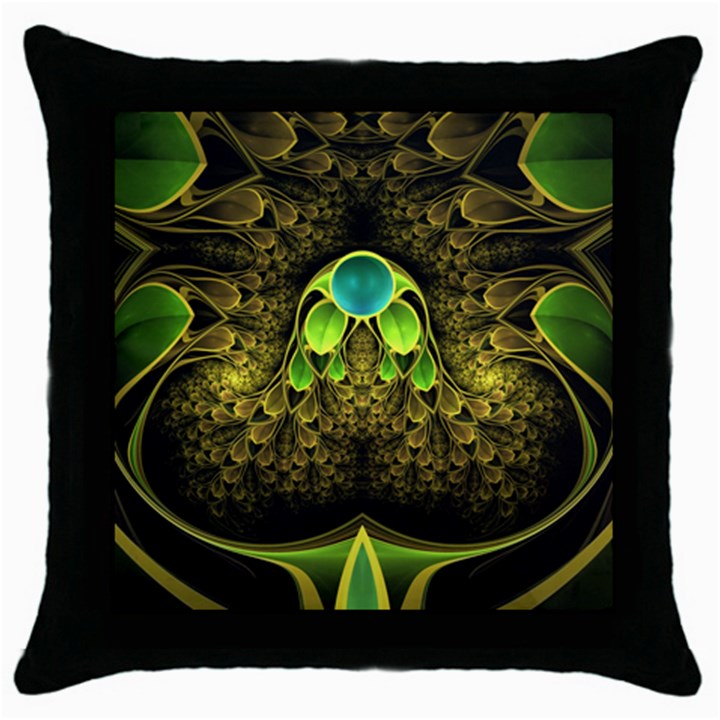 Beautiful Gold And Green Fractal Peacock Feathers Throw Pillow Case (Black)