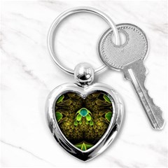 Beautiful Gold And Green Fractal Peacock Feathers Key Chains (heart)  by jayaprime