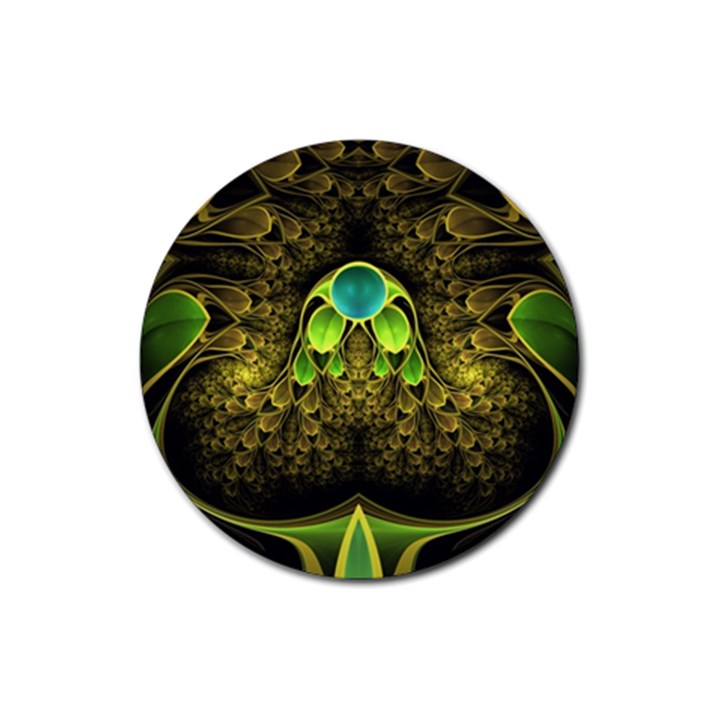 Beautiful Gold And Green Fractal Peacock Feathers Rubber Coaster (Round) 