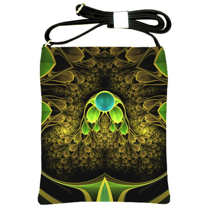 Beautiful Gold And Green Fractal Peacock Feathers Shoulder Sling Bags