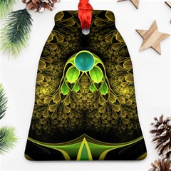 Beautiful Gold And Green Fractal Peacock Feathers Ornament (bell) by jayaprime